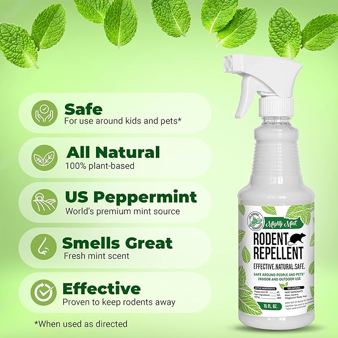 Mighty Mint Peppermint Oil Rodent Repellent Spray – Natural Indoor & Outdoor Control for Mice and Rats – Plant-Based, Extra-Strong Formula - 16 oz