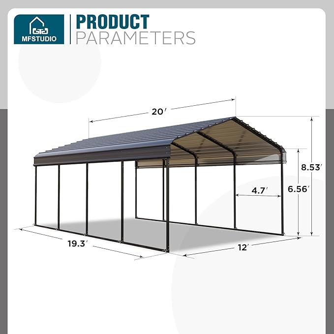 MFSTUDIO Carport 12x20 ft, Outdoor Heavy Duty Metal Shed Carports, Metal Garage Car Shelter Shade Car Port with Galvanized Roof, Frame and Bolts for Cars, Truck and Boats