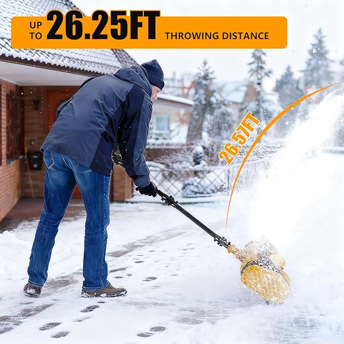 Cordless Snow Shovel, 12 Inch Electric Snow Shovel with 2×4.0Ah Batteries & Charger, 26FT Throw, Detachable 3-Section Pole & Adjustable Handle, for Driveway, Patio, Deck