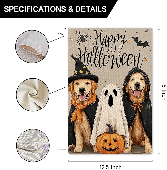 Happy Halloween Garden Flag Cute Puppy & Ghost Garden Flag Vertical Double Sided Rustic Farmland Burlap Yard Lawn Outdoor Decor 12.5x18"