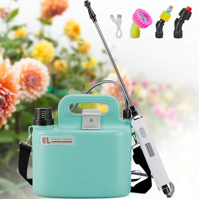 Battery Powered Sprayer 1.58 Gallon, Electric Garden Sprayer with 3 Mist Nozzles, USB Rechargeable Handle and Retractable Wand, with Adjustable Shoulder Strap for Garden,Lawn,Cleaning