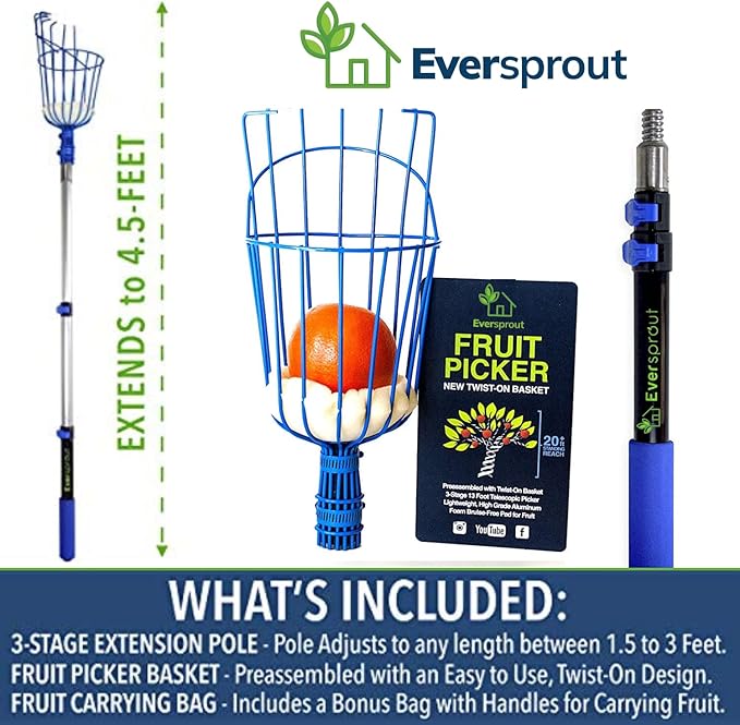 EVERSPROUT 1.5-3ft Durable Fruit Picker with 10+ Foot Reach – Telescoping Fruit Picker Pole, Lightweight Twist-On Fruit Picking Tool with Basket, Aluminium Extension Pole for Tree Fruit Harvesting