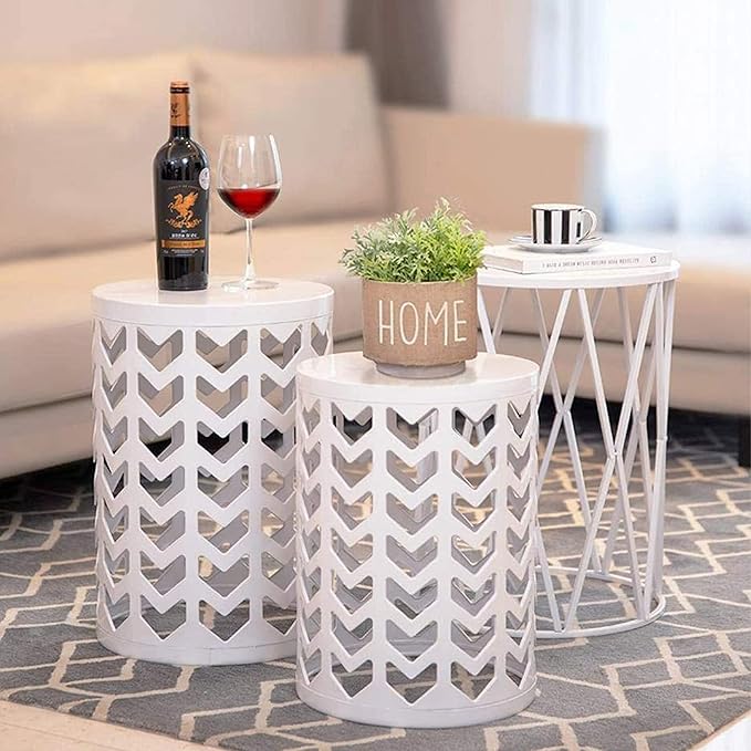 Y&M Set of 3 Metal Round Coffee Table, Side Table End Table for Indoor Outdoor Multifunctional Use, Heavy Duty Metal Plant Stand Garden Stool- White