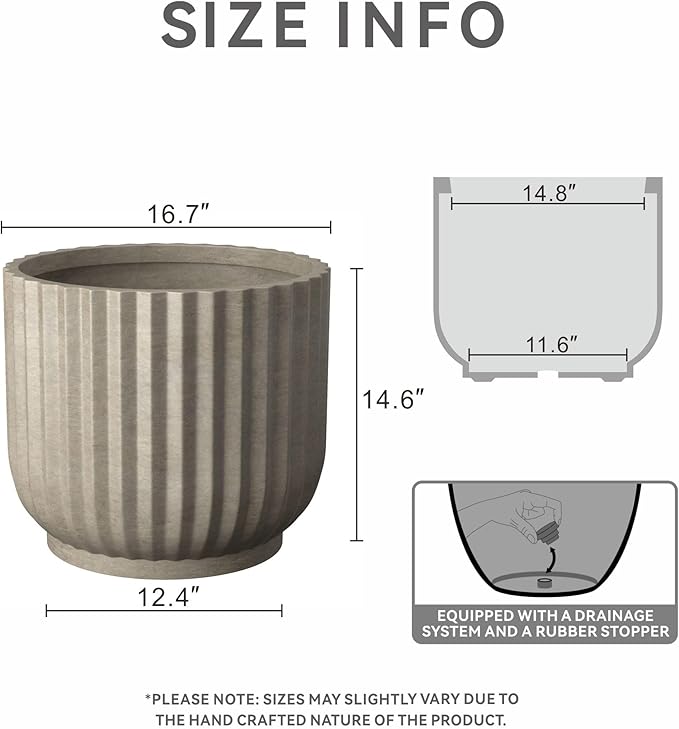 Kante Round Fulted Planter, 16.7 Inch Dia Large Concrete Plant Pots with Drainage Hole and Rubber Plug, Modern Decor for Indoor Outdoor Plants, Flower, Weathered Concrete