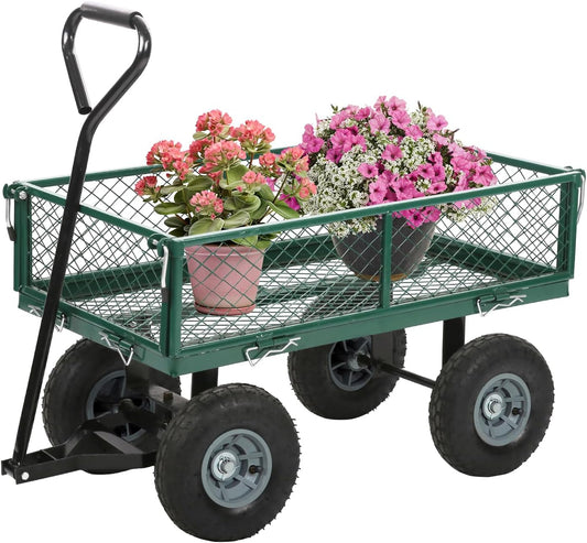 FDW Garden Cart Streel Heavy Duty 500 LBS Capacity，Utility Cart Wagon with Removable Sides and 180°Rotating Handle for Yard, Lawn and Garden Hauler (Green)