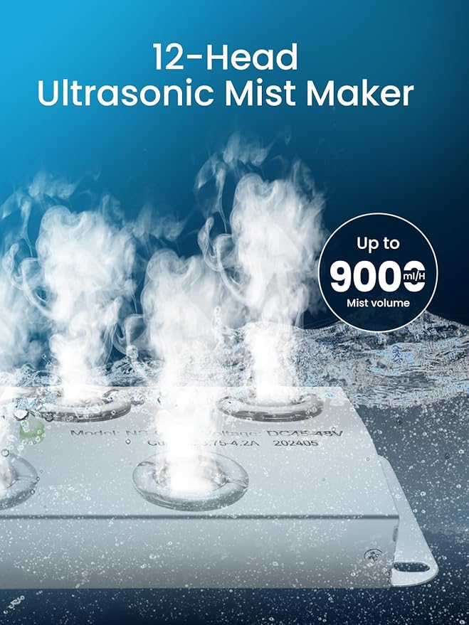 YORKING Ultrasonic Fogger, 12-Head Ultrasonic Mist Maker, 9000ml/H 400W Mist Maker Fogger with Buoy, IP67 Waterproof Power Supply for Pond, Garden, Lawn, Rockery, Greenhouse, Halloween Decoration