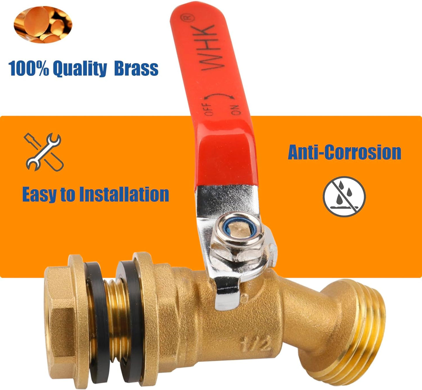 WHK Rain Barrel Spigot Kit-Water Bucket Spigot Faucets-Water Spicket Water Spout Spigot for 5/55 Gallon Bucket for Rain Barrel Water Container WaterTank,1/4 Turn with Long Handle(Brass)