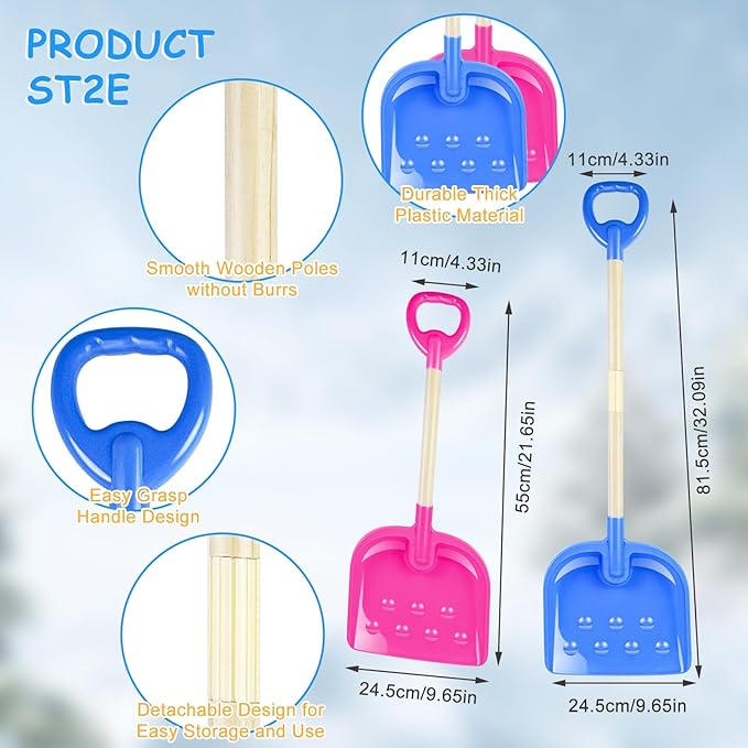 2PCS Kids Snow Shovel, 32" H Detachable Wooden Childs Snow Shovel with Plastic D-Grip Handle and Scoop Winter Children Shovel Blue Pink Toddler Shovel Outdoor Play Snow Gift for Boy Girl Snow Removal
