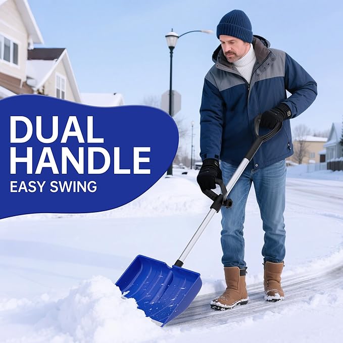 Snow Shovel for Driveway: 48" Ergonomic Dual D-Handles for Less Back Strain - Aluminum Wear Strip Cleaning Shovel - Lightweight & Portable Snow Removal Tool for Car Camping Outdoor (Blue)