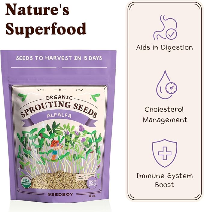 Seedboy Organic Alfalfa Seeds for Sprouting - Non-GMO, USDA Organic Microgreens Sprouting Seeds Mix - Makes 8 Quarts of Sprouts, 24 Servings (8 oz) (Alfalfa)