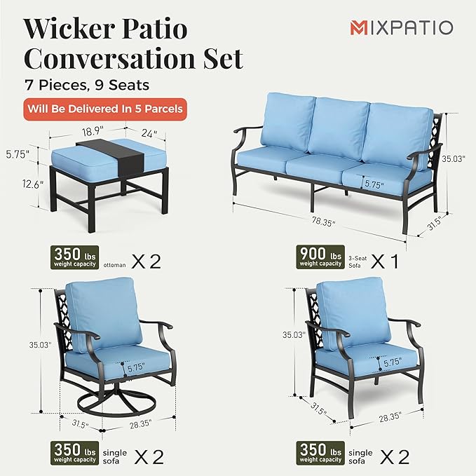 Patio Furniture Set 7 pcs, Outdoor Patio Furniture, 3-Seat Sofa, 2 Single Chairs, 2 Swivel Chairs, 2 Ottomans and 5.75" Extra Thick Cushion, Patio Conversation Set for Backyard Deck,Blue