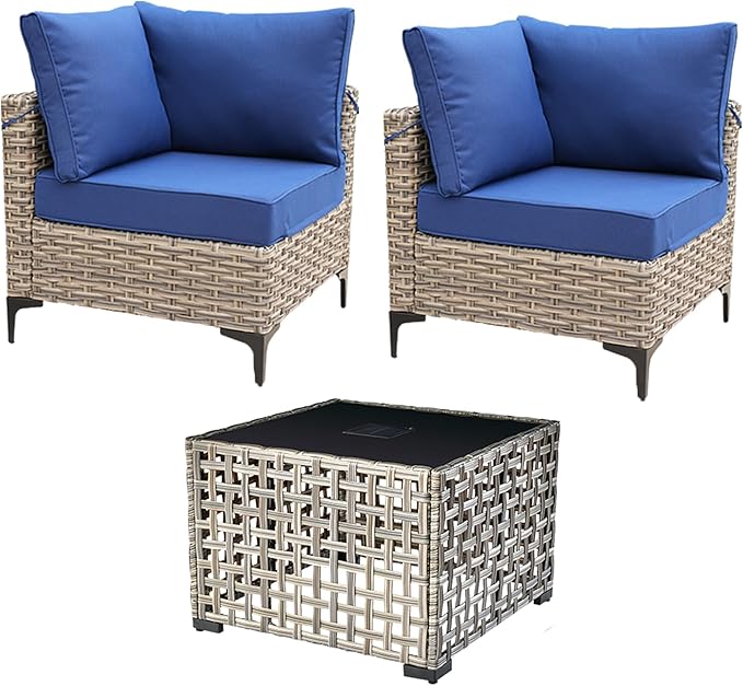 HOOOWOOO 3 Pieces Outdoor Patio Sectional Sets with 2 Single Arm End Corner Chairs and an LED Table,Navy Blue