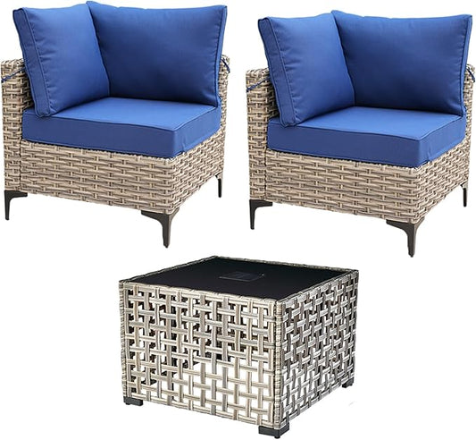 HOOOWOOO 3 Pieces Outdoor Patio Sectional Sets with 2 Single Arm End Corner Chairs and an LED Table,Navy Blue