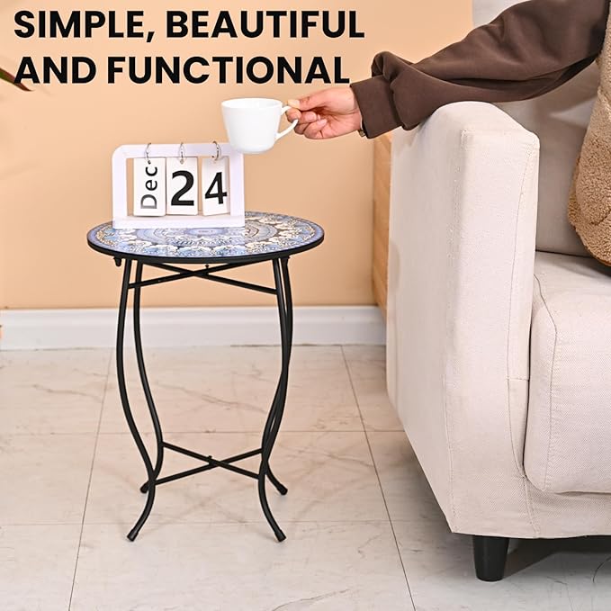 Metal Outdoor Side Table,14" Diameter Round Plant Stand for Flower Pots Vase Home Decor, Weather Resistant Patio Accent Table Plant Stand for Indoor Outdoor Use, Easy Assemble