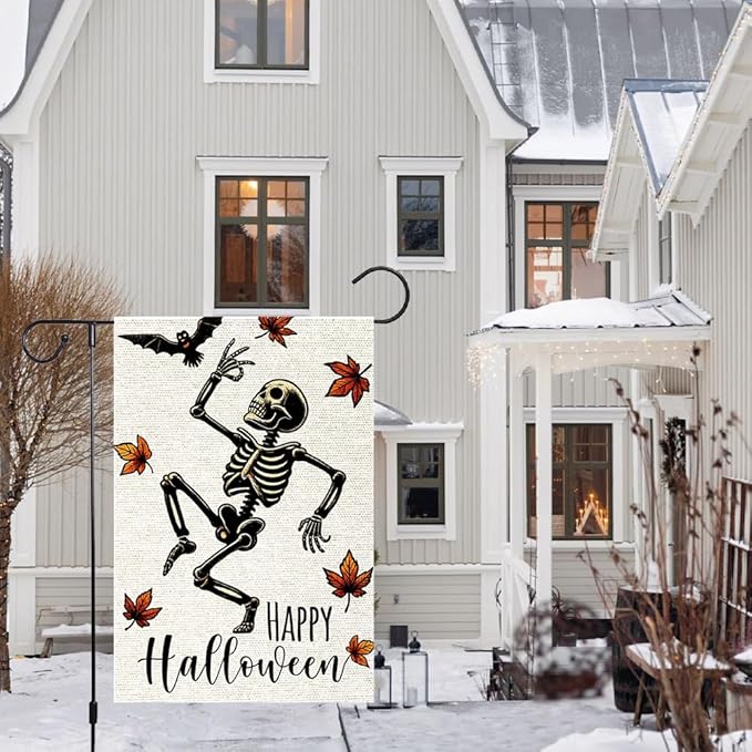 Halloween Garden Flags For Outside Decoration, Fall Garden Flag Funny Happy Skeleton Small Yard Flag For Outdoor Decor 12x18 Inch Vertical Double Sided