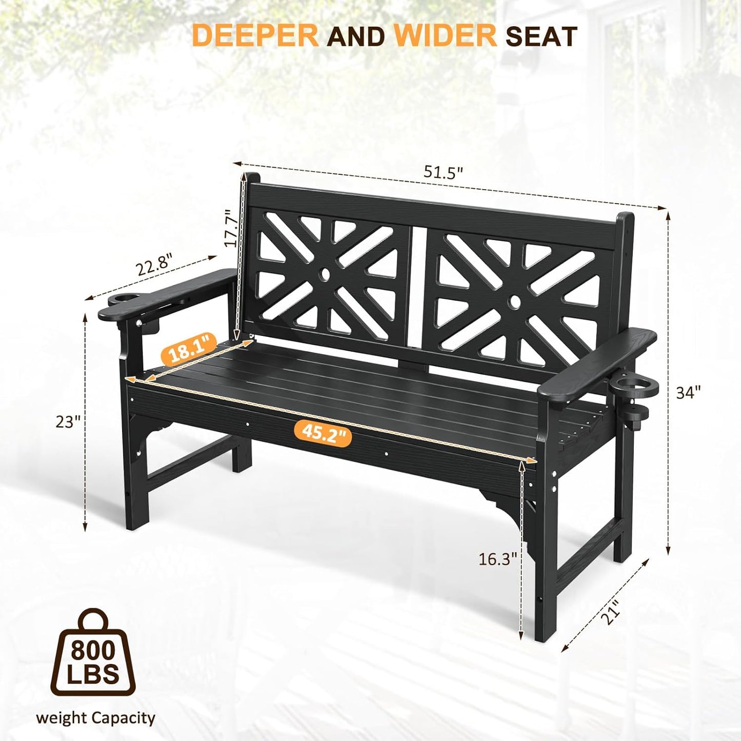 nalone Outdoor Bench with Cup Holders, HDPE All Weather Porch Bench Load up to 800 Lbs, 2-Person Garden Benches Rot-Proof Fade Proof for Patio, Porch, and Park (Black)