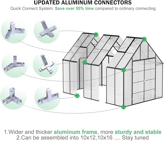 CDCASA 12x10x10 FT Greenhouse for Outdoors, Easy Assembly Large Aluminum Heavy Duty Polycarbonate Greenhouses Kit w/2 Window, Swing Door, Walk-in Green House for Outsides, Sunroom, Backyard, Garden