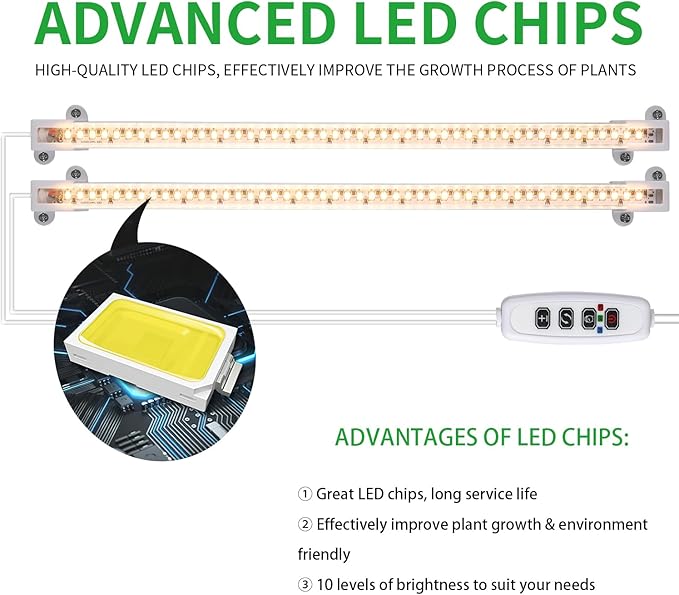 LED Grow Light Strips, 13 Inches Grow Lights for Indoor Plants Full Spectrum 3500K, 96 LEDs Plant Light with 3/9/12H Timer, 10 Dimmable Levels for Seedling Succulent, 2 Head