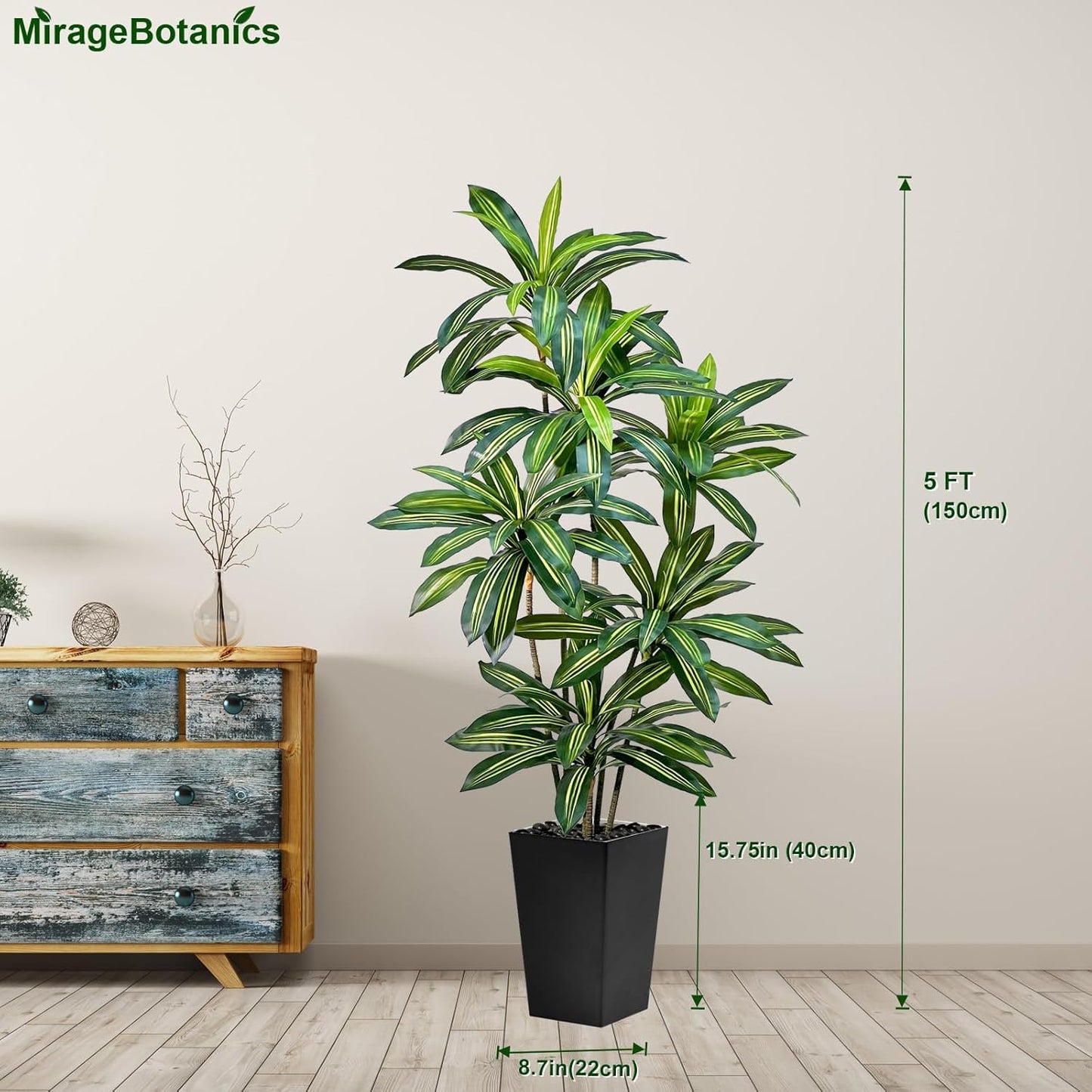 Artificial Dracaena Tree 5FT Tall Fake Plant with White Pot - Realistic Faux Dragon Tree with Tall Planter - Indoor Floor Plant for Home, Office,Mall, Living Room, Bedroom Decor (Black - Planter, 5ft)