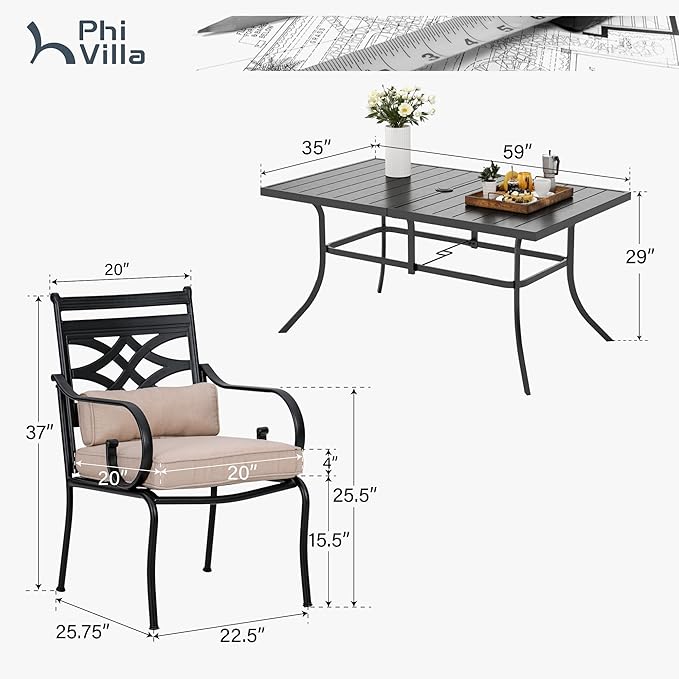 PHI VILLA 7 Pcs Patio Dining Set,Outdoor Table Chair Set for 6 with Outdoor Chairs and Metal Frame Steel Rectangular Table,Outdoor Dining Furniture with Cushion and Pillow for Garden Lawn Deck