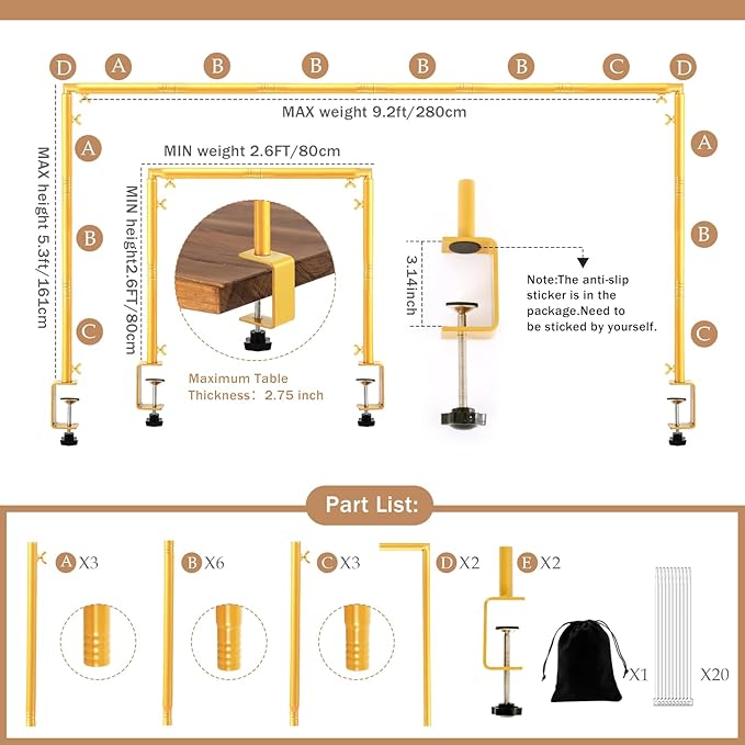 Over The Table Rod Stand with Clamps Adjustable 31-110 in Length 31-64 in Height Gold Table Balloon Arch Hanging Stand with Storage Bag for Halloween Christmas Wedding Birthday Party Decoration