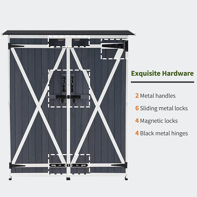 MCombo Outdoor Storage Cabinet with Shelves, Wood Garden Shed with Floor, Outside Tool Shed with 2 Lockable Doors for Backyard Patio Lawn, 1400 (Gray)