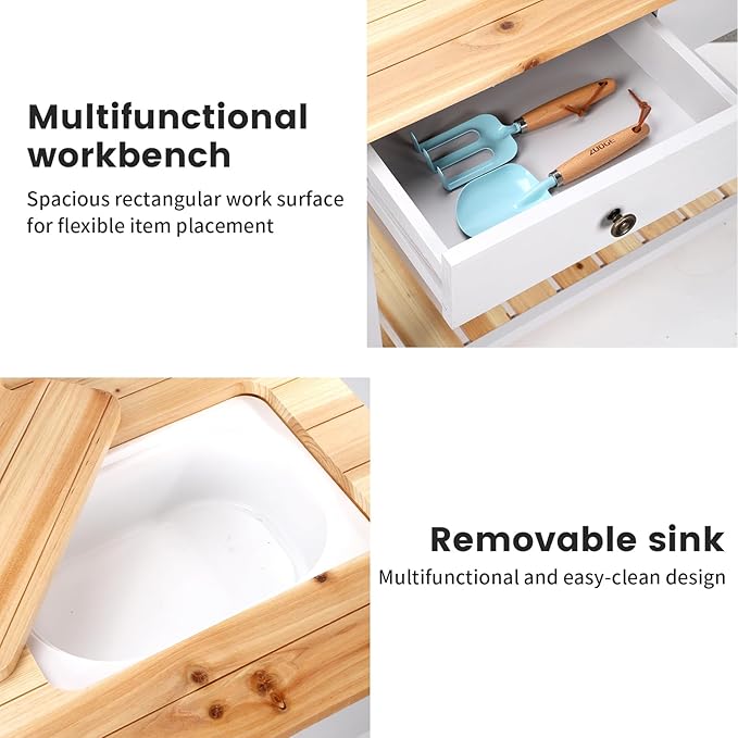 Kids Potting Bench Table Wooden Outdoor Garden Table Work Station Outdoor Garden Work Bench Platform with Removable Sink Hooks 3 Side Flower Pots Natural Wood White Gift for Boys Girls