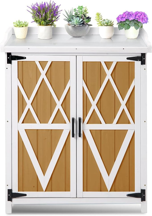 Potting Bench Outdoor Cabinet with Metal Tabletop, Wooden Storage Cabinets Weatherproof for Outside, Planting Work Benches with Adjustable Shelf, Doors for Garden Patio Lawn