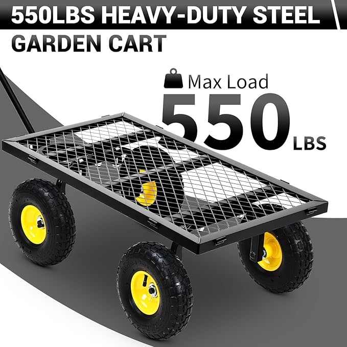 Steel Garden Cart, 550 LBS Heavy Duty Metal Garden Wagon with 10" Wheels, Metal Push Wagon with 180° Rotating Handle and Removable Sides for Farm, Yard