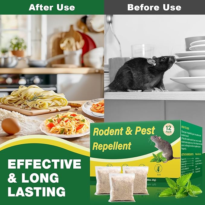 Rodent Repellent, 12 Pack Natural Mouse Repellent Pouches - Peppermint Oil to Repel Rodents Rats Squirrel, Outdoor Indoor Mice Repellent for House Garage Basement RV Car