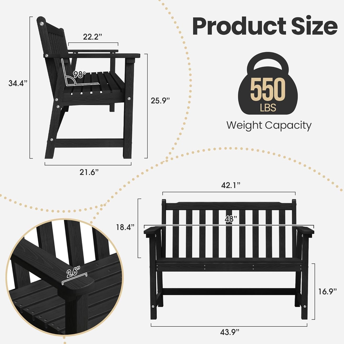 Ciokea 44" Outdoor Bench, HDPE Weatherproof Garden Bench, 2-Person Porch Benches with 550 Lbs, Waterproof Patio Benches for Outside Balcony Deck Backyard, Black