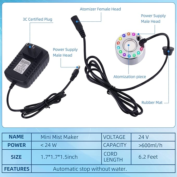 Yaomiao 1 Piece Halloween Mist Maker Fogger Small Ultrasonic Fog Machine Fountain Mister Fogger Water Garden Pond Foggers Air Humidifier with 12 LED Light Flashes for Halloween (Silver)