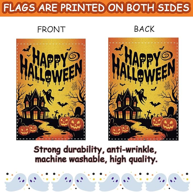 Fokongna Happy Halloween Garden Flag, Halloween Ghost Bat Haunted Castle Decor Flag, 12x18 Inch Burlap Vertical Double Sided Flags, for Home Yard Outside Decorations