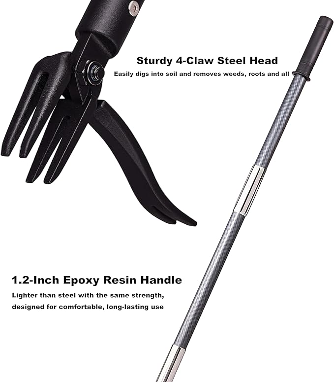 Hand Weed Puller Stand Up Weed Puller Tool with Epoxy Resin Long Handle 4-Claw Steel Head,2-Section Design Sturdy Garden Tools-Easily Remove Weeds Without Bending, Pulling,or Kneeling