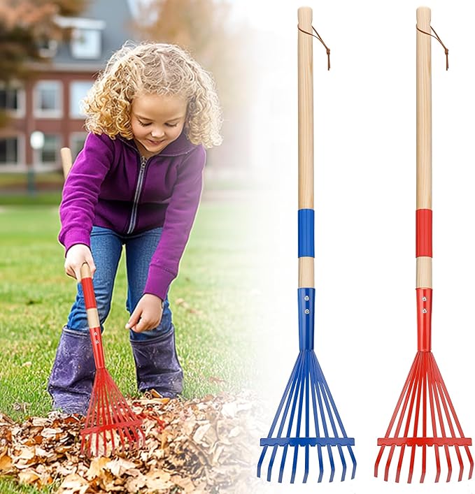 Kids Friendly Rakes for Leaves - 28" Child Size Small Rake with Durable Metal Head & Hardwood Handle, Real Lawn Garden Yard Tools for 3+ Years Kids Enjoy Helping Work Gifts, 2 Pcs
