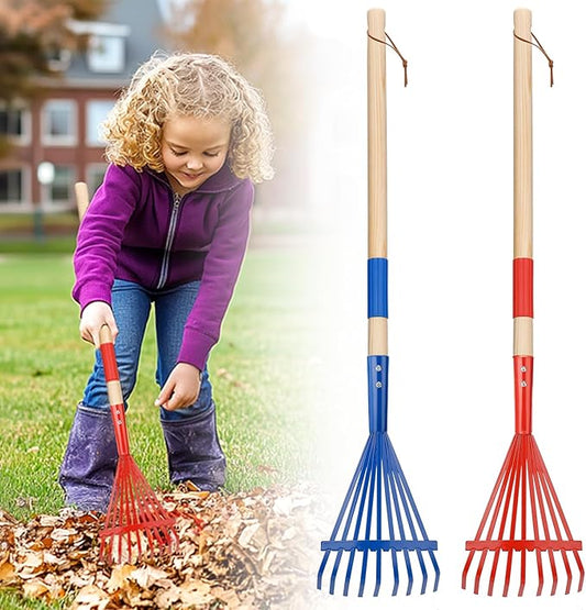 Kids Friendly Rakes for Leaves - 28" Child Size Small Rake with Durable Metal Head & Hardwood Handle, Real Lawn Garden Yard Tools for 3+ Years Kids Enjoy Helping Work Gifts, 2 Pcs
