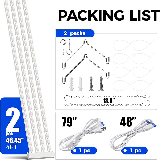 Barrina TX-L84 4FT Grow Light, 168W (2 x 84W), 4 LED Panels Wider Coverage, Full Spectrum, High PPFD, Linkable, Hanging Fixture, Plant Stand with Grow Light for Indoor, Seeding, Vegetable, 2 Packs