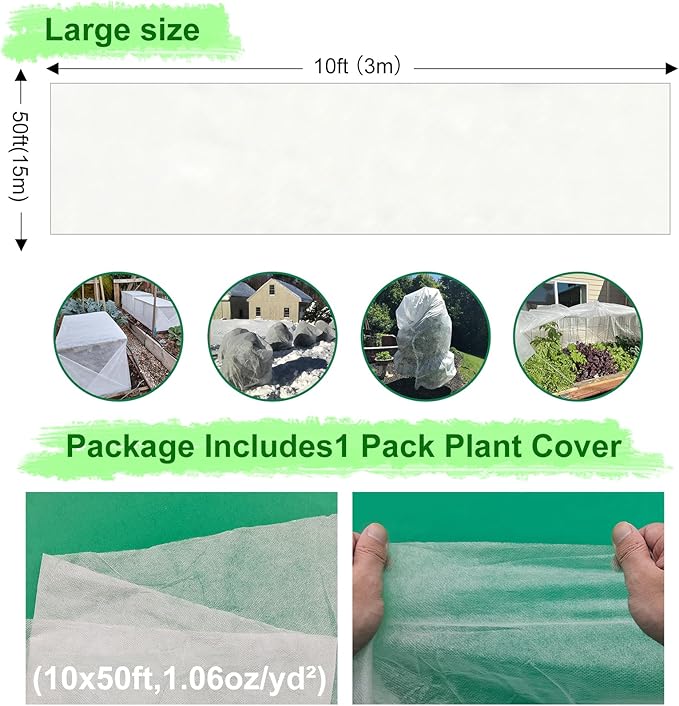 Plant Covers Freeze Protection, 10 FT x 50 FT Frost Blankets 1.06oz/yd² Thick crop cover , Reusable Garden Frost Cloth Floating Row Tree Covers for Winter Outdoor Plants vegetables seed Fruit