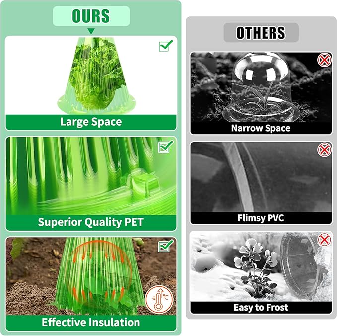 UQM 50 Pack Garden Cloches for Plants, Reusable Bell Plant Protector with Rotary Vent Cover, Garden Protection from Animals Snails Birds Chickens Insect, 9.18" H X 7.56" D (Green)