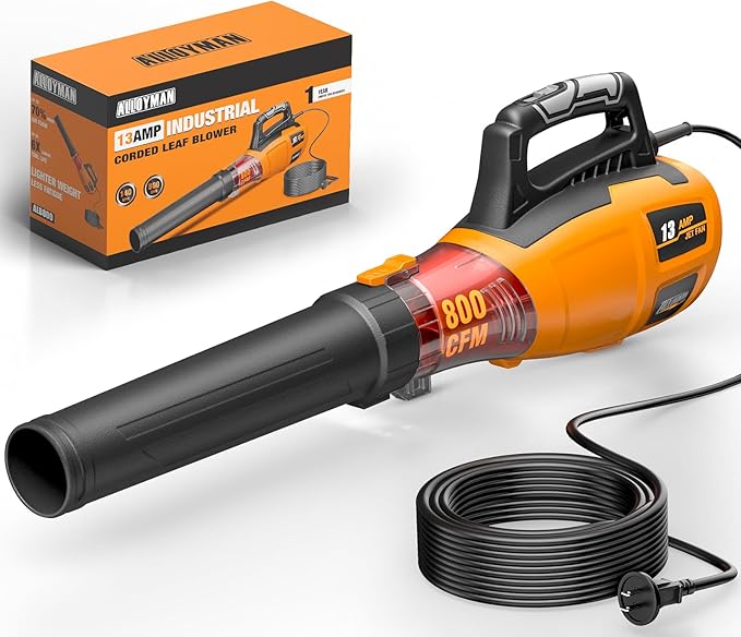 ALLOYMAN 13AMP Cord Leaf Blower with 49FT Extension Cord, 140MPH, 800CFM Airflow, Lightweight Portable Electric Leaf Blower Ideal for Heavy Duty Fall Cleanup, Patio Cleaning, Lawn Care, etc