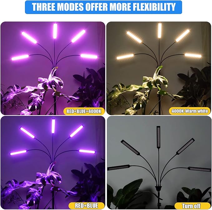 Grow Lights for Indoor Plants 5 Heads, Full Spectrum Plant Lights for Indoor Growing with Tripod Stand, Auto On/Off Timing 1-19H, LED Grow Lights for Indoor Plants. (5 Wide Heads)