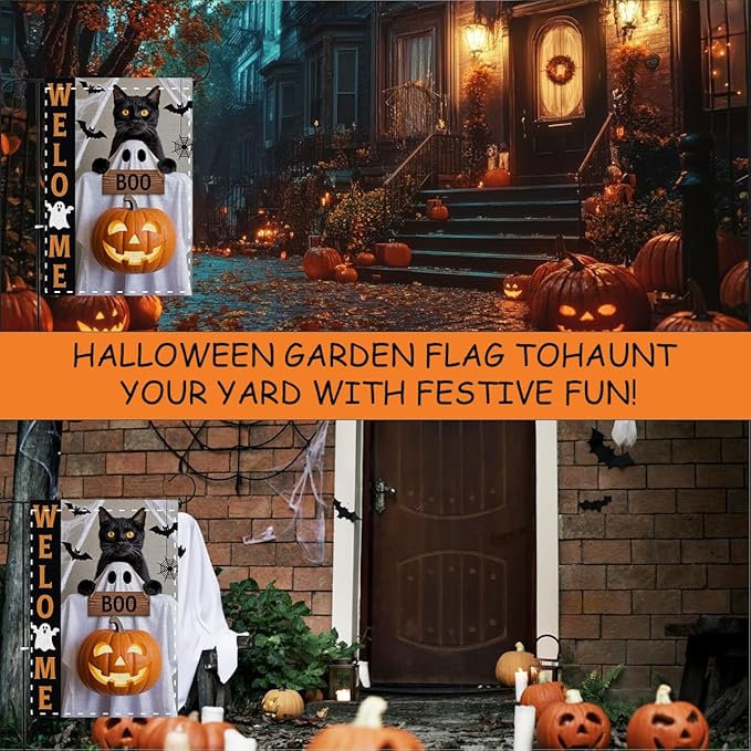 Fokongna Halloween Black Cat Welcome Flags, Interesting Halloween Decor Pumpkin Bat Cat Boo Garden Flag, 12x18 Inch Burlap Vertical Double Sided Flags, for Home Yard Outside Decorations