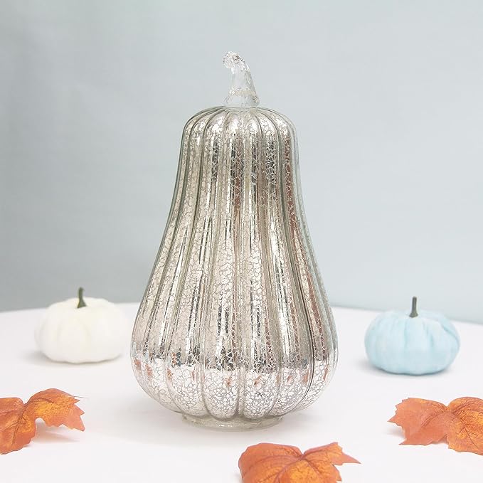 Mercury Glass Pumpkin Lights with Timer, Battery Operated Led Pumpkin Lights for Halloween Fall,Thanksgiving Rustic Decor (Silver Common, 11")
