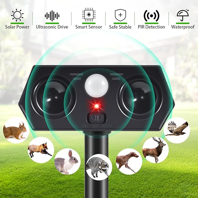 4Pack Solar Ultrasonic Animal Repellent Outdoor Solar Deer Deterrent Devices with PIR Motion Sensor, Ultrasonic Cat Repellent to Scare Squirre Dog Rabbit Raccoon Skunk Armadillos for Yard Lawn