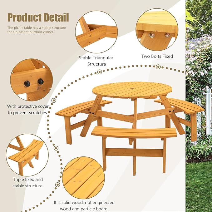 6-Person Outdoor Circular Wooden Picnic Table with 3 Built-in Benches Camping Dining Table for Garden Patio Backyard,Natural Color