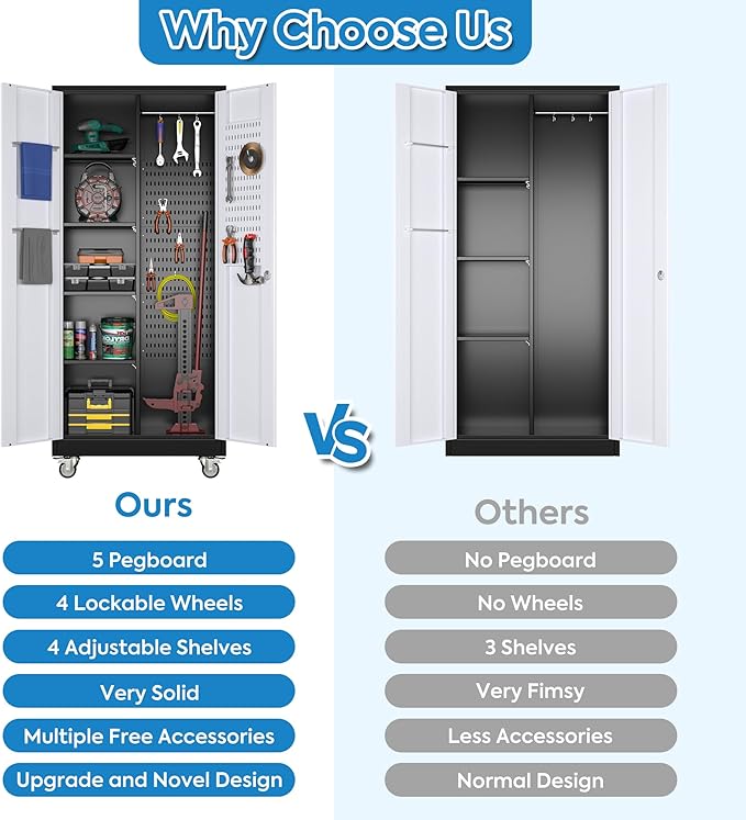 71" H Broom Closet Storage Cabinet with Wheels and Pegboard,Metal Garage Storage Cabinet with Lockable and Magnetic Doors,Adjustable Shelves for Garage Home Office,Required Assembly,Black and White
