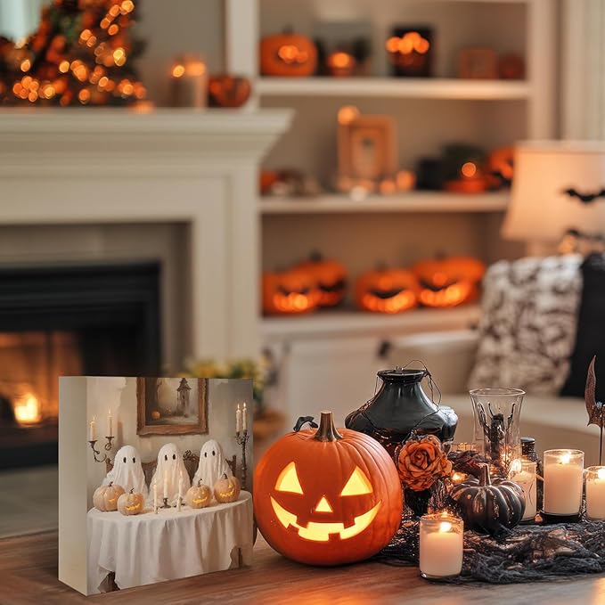 Mtrgdn Cute Halloween Decor,Halloween Decorations Indoor,Ghost with Pumpkin Desk Decor Wooden Box Sign,Halloween Home Office Kitchen Bathroom Bedroom Coffee Bar Table Shelf Wall Decorations,5x5 Inch