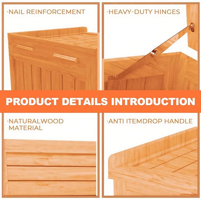 65 Gallon Outdoor Solid Wood Deck Box, Fir wood storage box Deck Box with Sealed Hinged Lid, Furniture Storage Cabine Patio Tool, Backyard Tool, Garden Tool, Pool Equipment, Camping Gear