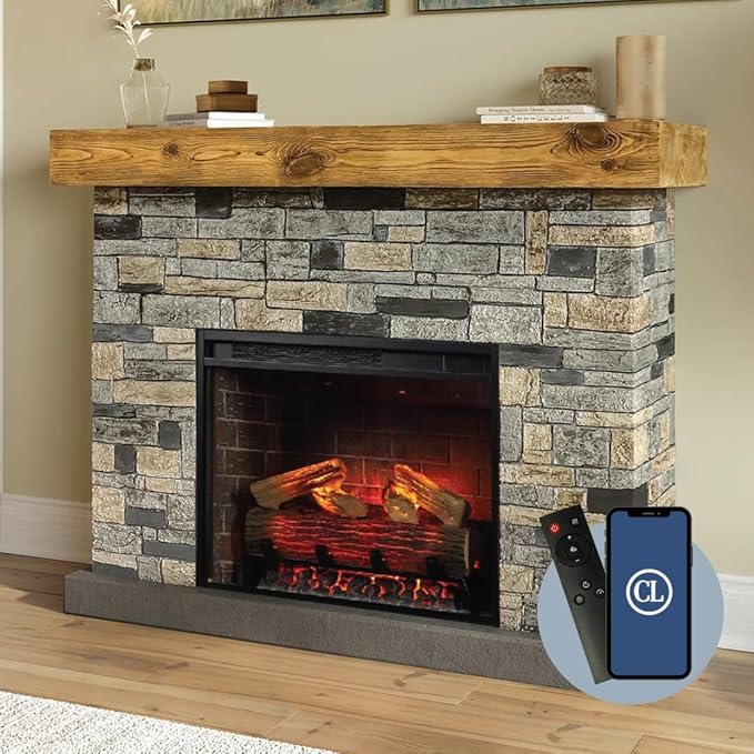 Country Living - Dixson Fireplace Mantel Package, 28” Fireplace Insert, Stone Brick Mantel Surround, Alexa/WiFi Enabled, 1500W