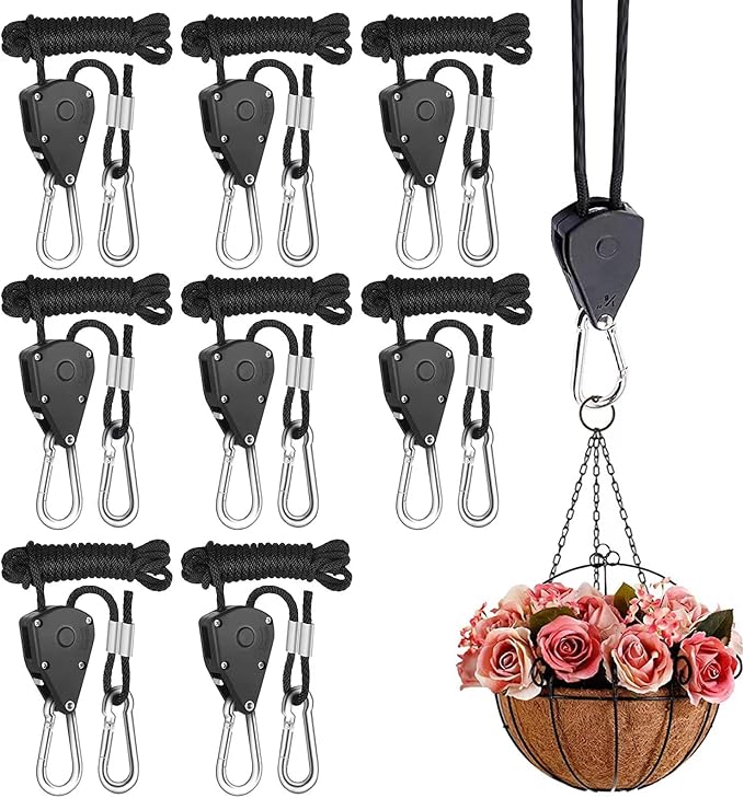 Rope Clip Hanger, 8 Packs 1/8 in Reinforced Adjustable Height Anti-Loose Design Metal Gears Clip for Growing Light Fixtures, Hanging Plants, 8 FT Length 150lbs Weight Capacity